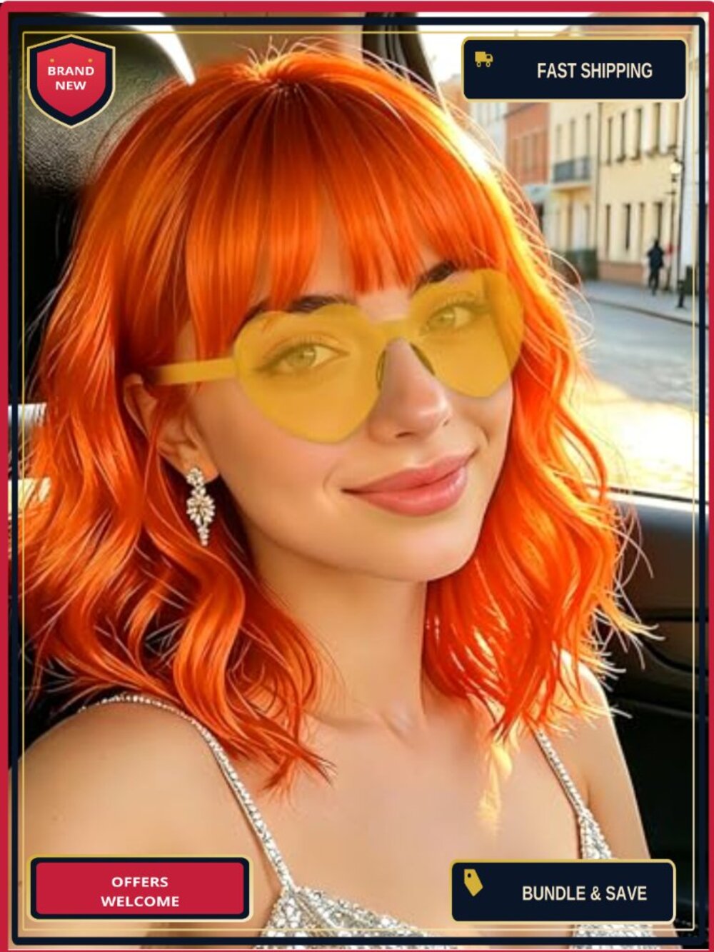 Wavy Bob Wig with Bangs & Heart Sunglasses Cosplay Party